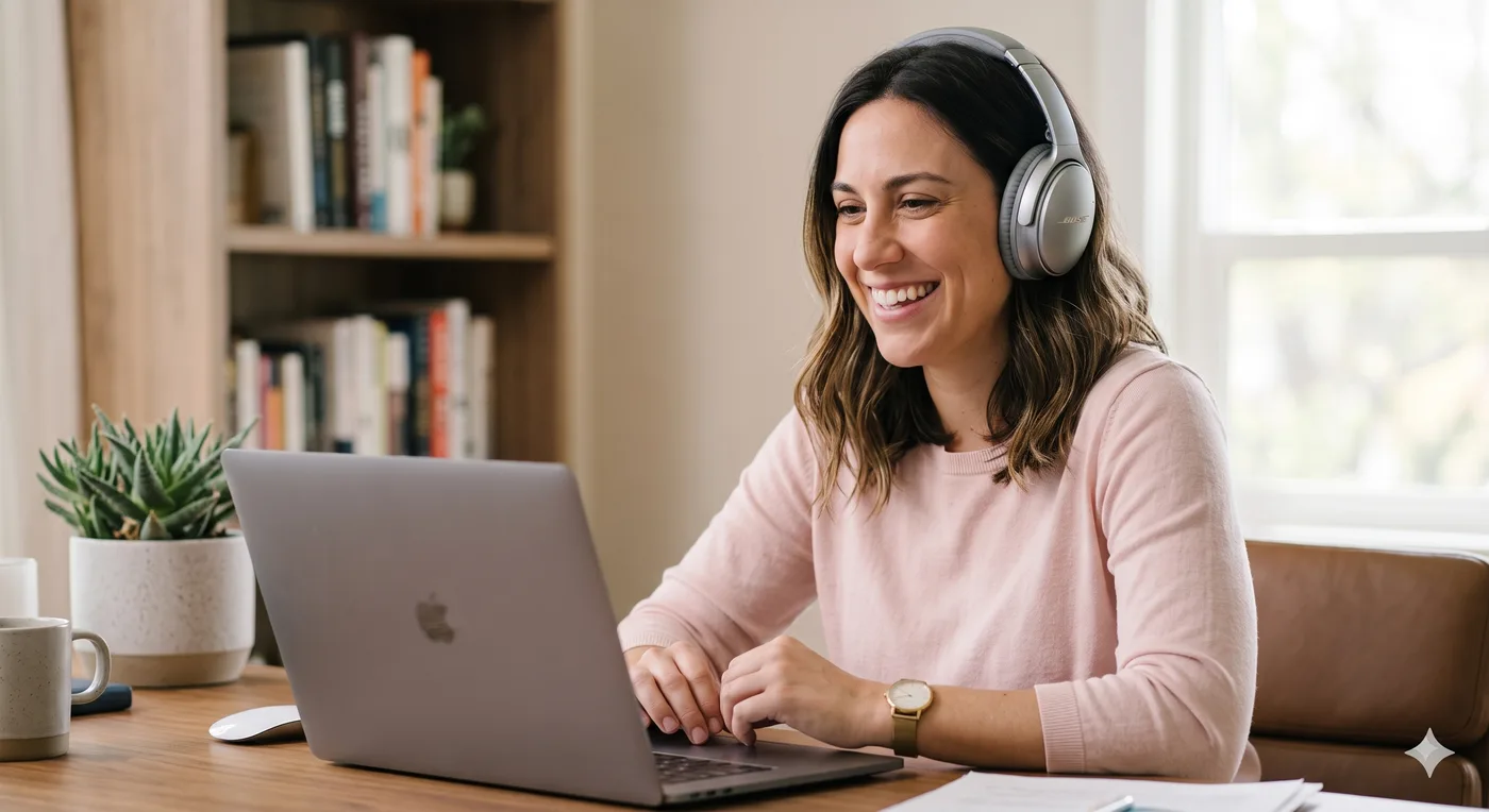 Natália trabalhando no notebook, de fone de ouvido