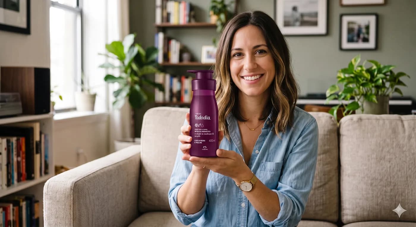 Natália segurando um produto Natura